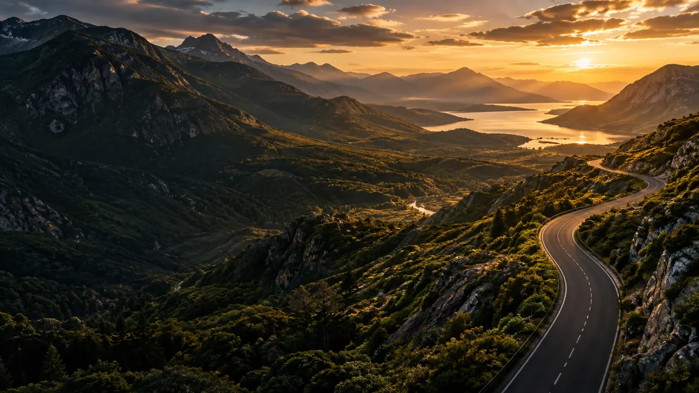 Ilustración conceptual de una carretera que recorre un paisaje montañoso hacia un horizonte abierto